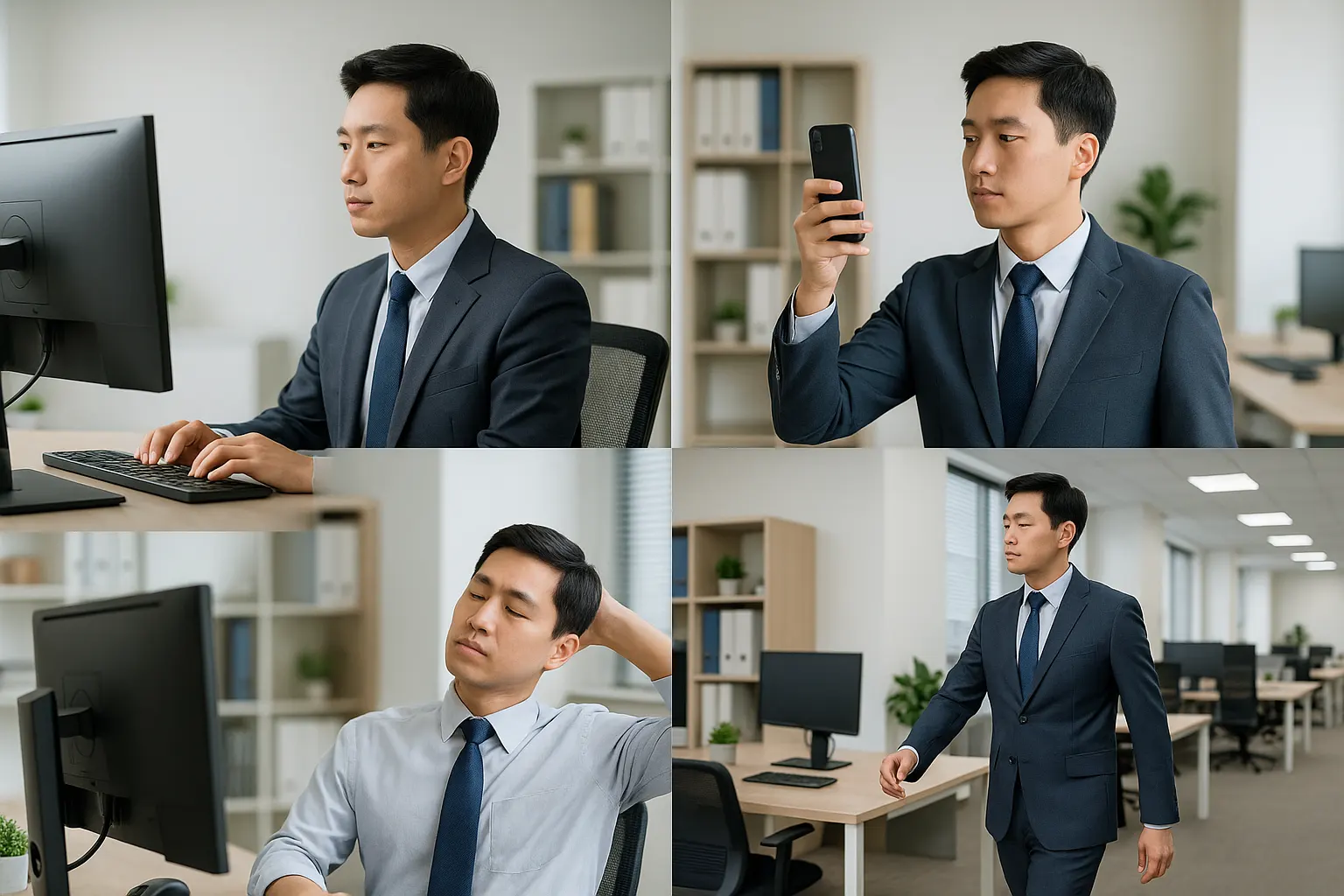정자세로 앉아 모니터를 바라보는 직장인, 스마트폰을 눈높이로 든 사람, 목과 어깨 스트레칭하는 모습, 사무실 내에서 자리에서 일어나 움직이는 장면