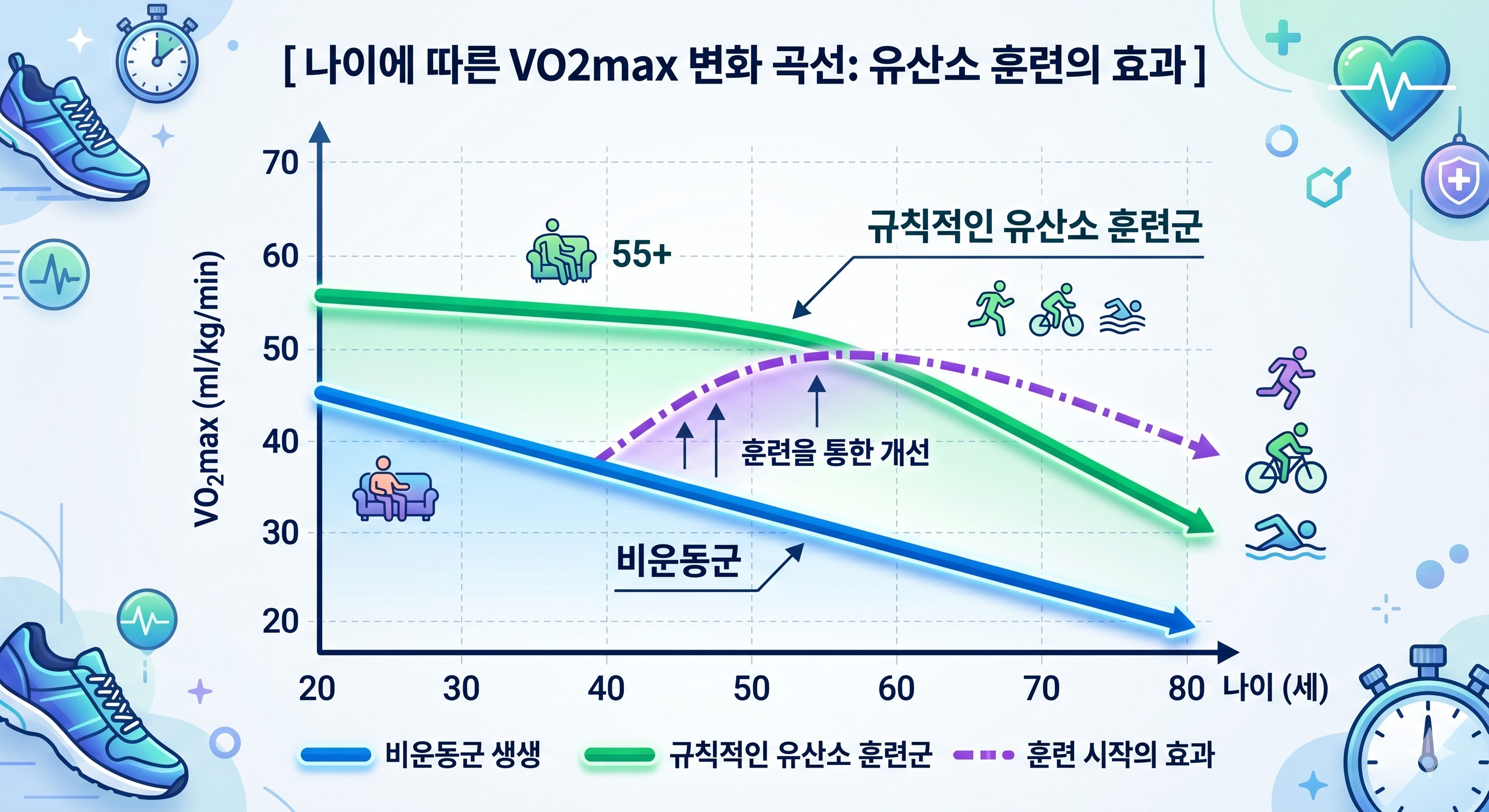 나이가 들면서 자연스럽게 감소하는 최대산소섭취량이 유산소 훈련을 통해 어떻게 개선되거나 유지될 수 있는지 보여주는 그래프