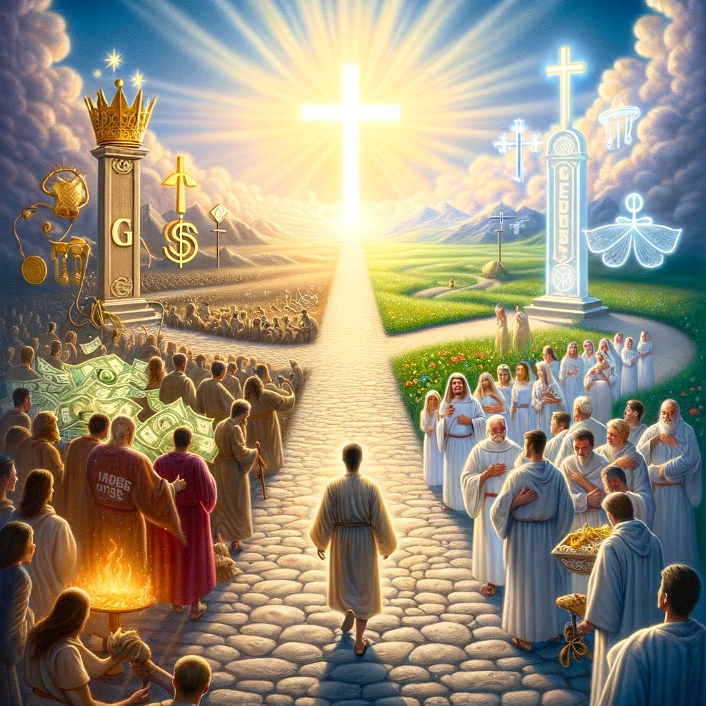 위 이미지는 세상의 권세와 하나님의 권위 사이에서의 선택을 대조적으로 나타냅니다. 한쪽은 세상적 권력의 상징들로 장식된 길을 따라가는 사람들을 보여주며, 다른 한쪽은 평화롭고 밝은 빛이 비추는 길을 따라 십자가로 가는 사람들을 보여줍니다. 이는 우리가 복종해야 하는 것이 세상 권세가 아니라 하나님임을 시각적으로 강조합니다.