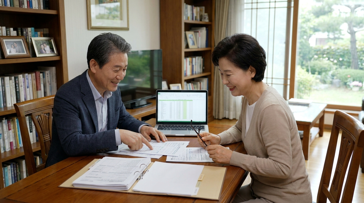 거실에서 연말정산 환급 서류와 은행 명세서를 보며 환하게 웃고 있는 60대 부부