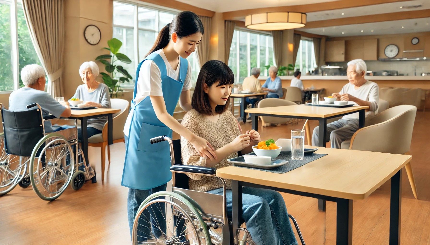 사회복지사가 장애인 식사를 도와주는 장면