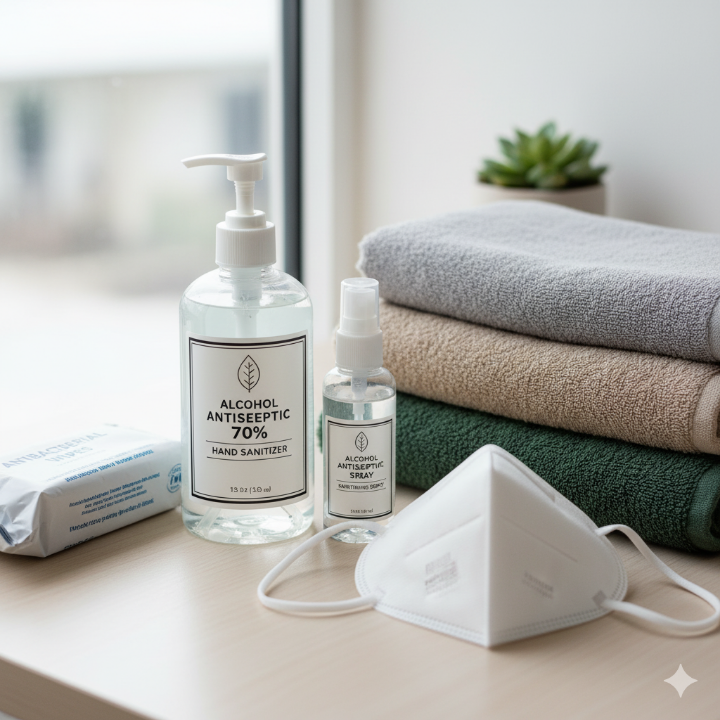 손 소독제와 위생용품 이미지