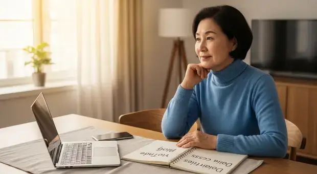 50·60대가 노트북 앞에서 블로그·유튜브 등 온라인 부업을 고민하는 모습