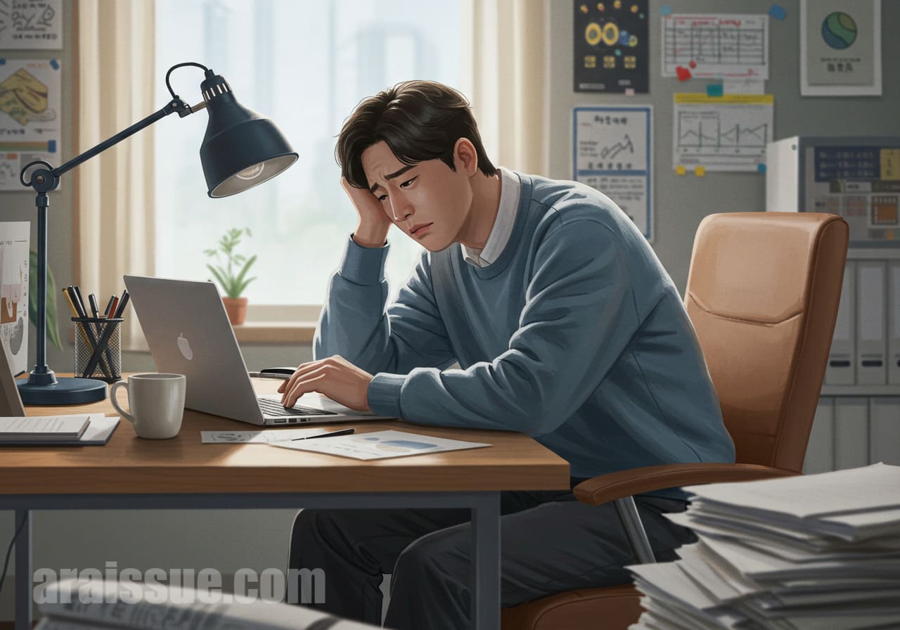 한국 사무실 책상에서 집중하지 못하고 고민하는 성인 남성의 모습