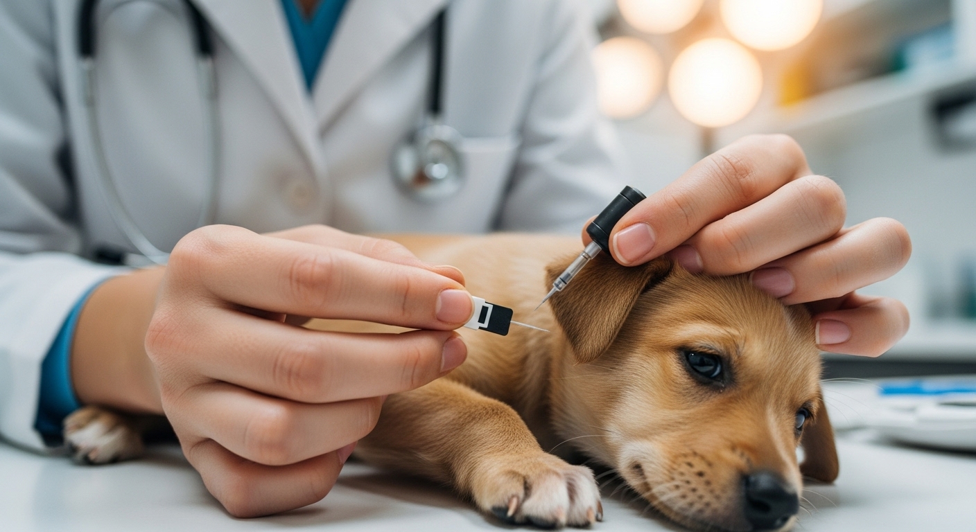 수의사가 강아지에게 마이크로칩을 이식하는 모습