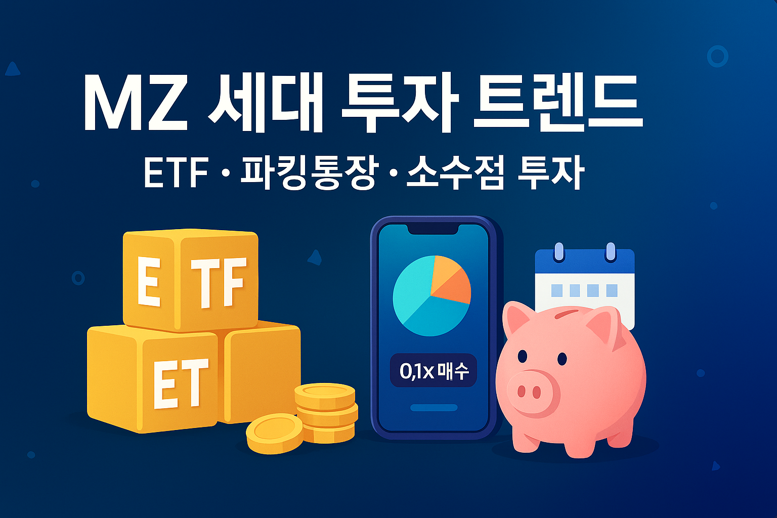 MZ 세대 투자 트렌드 2025 썸네일&mdash;ETF&middot;파킹통장&middot;소수점 투자 문구와 ETF 큐브, 스마트폰 파이차트(0.1x 매수), 돼지 저금통, 동전 아이콘이 있는 일러스트