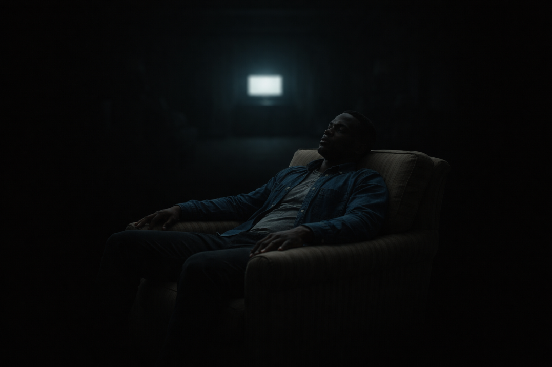 어두운 공간 속 의자에 앉은 남성이 멀어지는 빛을 바라보며 깊은 어둠으로 가라앉는 듯한 장면