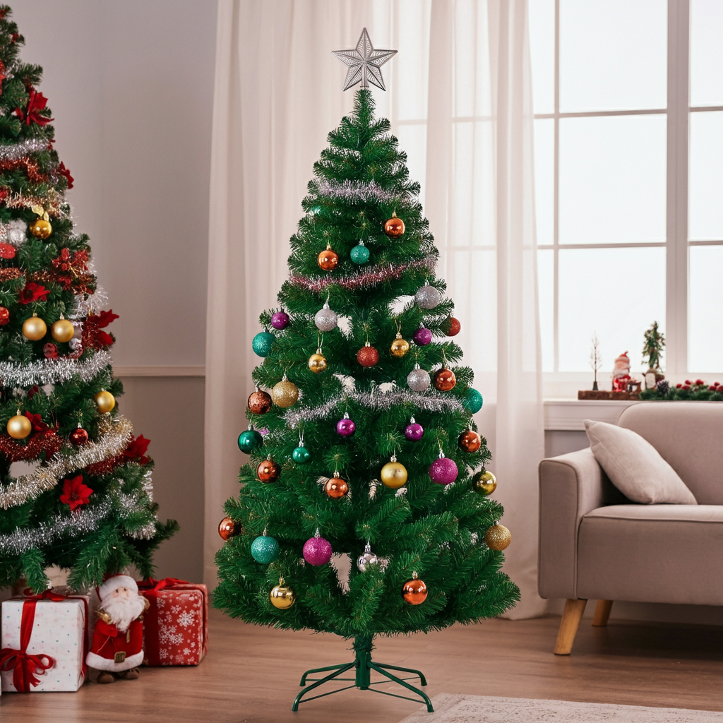 별 장식 꼭대기와 은색 줄 장식이 돋보이는 크리스마스 트리&amp;#44; 따뜻한 실내 분위기