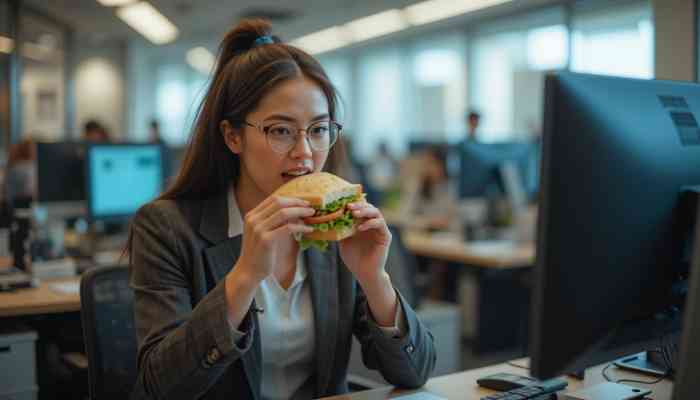 바쁜 직장인이 아보카도 샌드위치를 먹는 모습