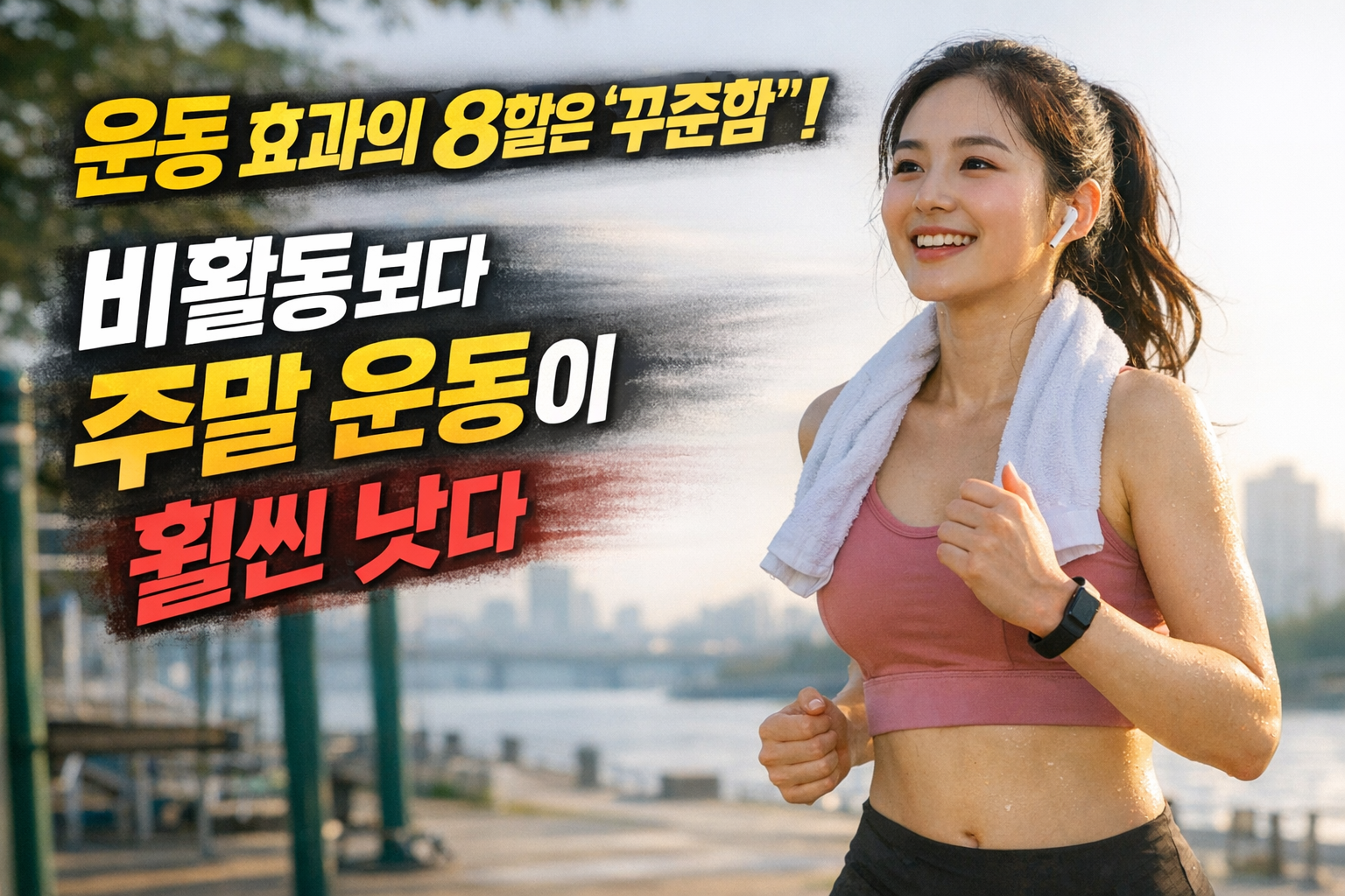 주말에만 운동하는 경우 꾸준함이 운동 효과에 더 중요하다는 내용을 표현한 야외 러닝 이미지