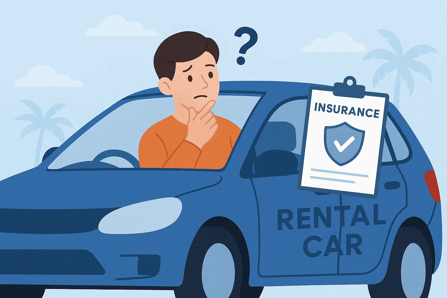 해외에서-렌터카를-이용할-때-보험-가입이-필요한지-고민하는-모습을-표현한-이미지