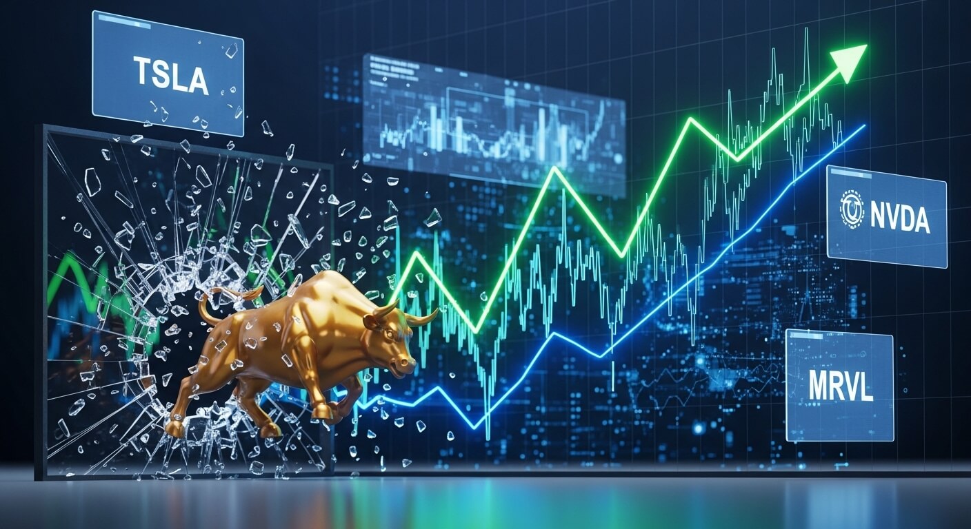 NVDA, MRVL,TSLA 대표미국주식과 주식의 상승나타내는 황소와 주식그래프가 있다