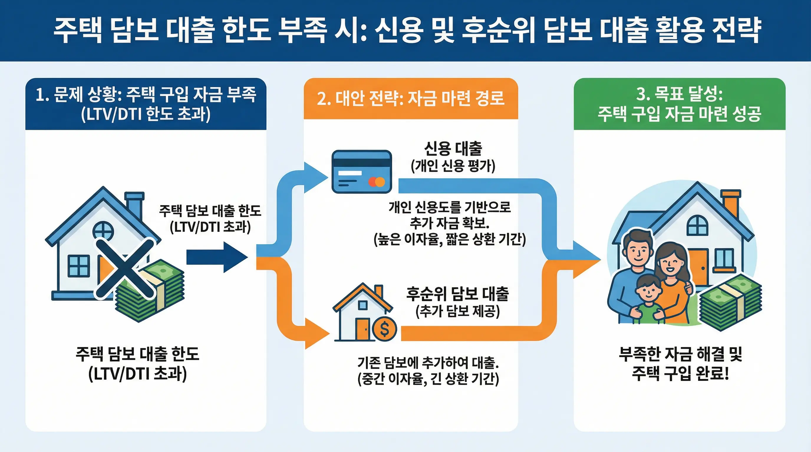 주택 담보 대출 한도 부족 시 신용 대출과 후순위 담보 대출을 활용하는 자금 마련 전략을 보여주는 인포그래픽
