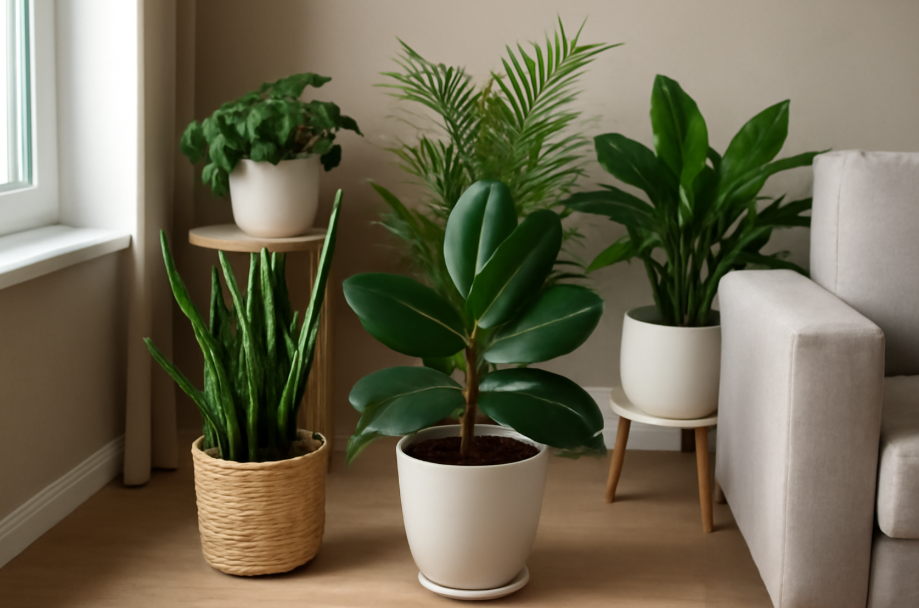 실내에 다양한 식물들이 배치된 공간. 큰 창문 근처에서 자연광이 들어오며, 식물들은 각각의 화분에서 건강하게 자라나고 있습니다.