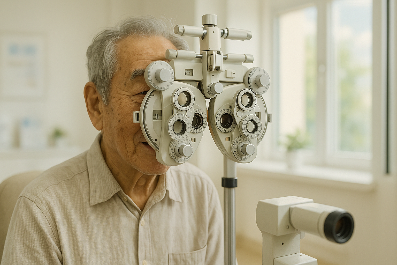 안과에서 눈 검사를 받고 있는 남성 노인의 모습