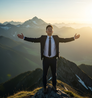 목표를 이룬 듯한 사람이 산 정상에서 해돋이를 바라보며 두 팔을 벌리고 있는 희망적인 이미지