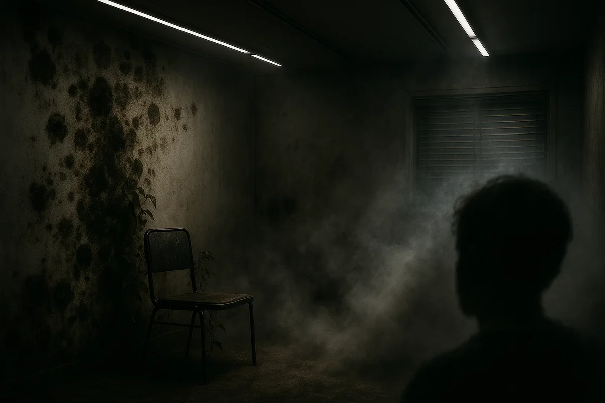 곰팡이로 가득한 위험한 방의 어두운 일러스트