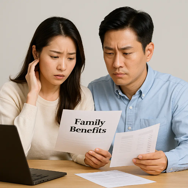 가족 지원 혜택 관련 서류를 보며 진지하게 상담 중인 한국인 부모, 테이블 위에 노트북과 서류가 놓인 밝은 실내