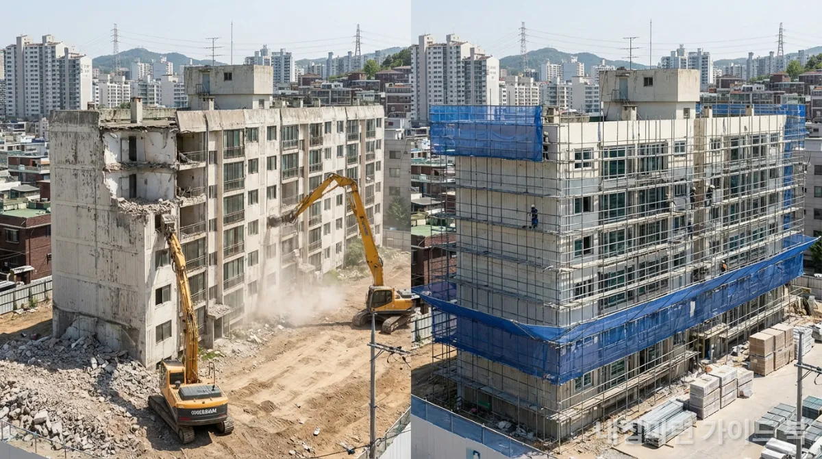 오래된 한국 아파트가 완전히 철거되는 모습과 골조를 유지한 채 리모델링되는 모습이 대비되는 이미지