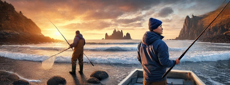 바닷가에서 낚시하는 모습