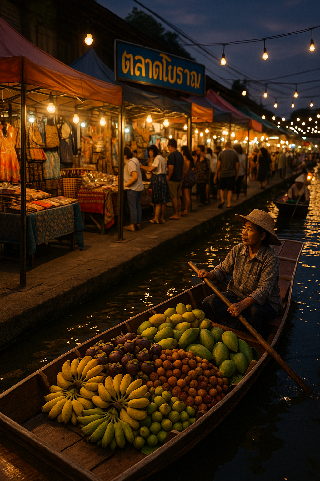 황혼 무렵 조명이 반짝이는 수로 위로 과일을 가득 실은 전통 목조 배가 잔잔히 흘러가고 있다
