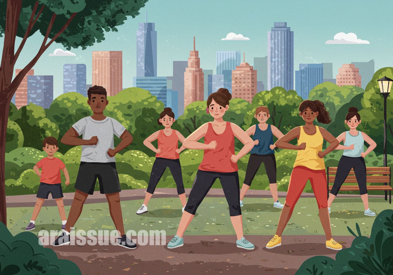 공원에서 함께 운동하는 지역 주민들. 현대적인 도시 배경을 두고 다양한 연령대의 사람들이 건강한 라이프스타일을 즐기며 운동하고 있다.