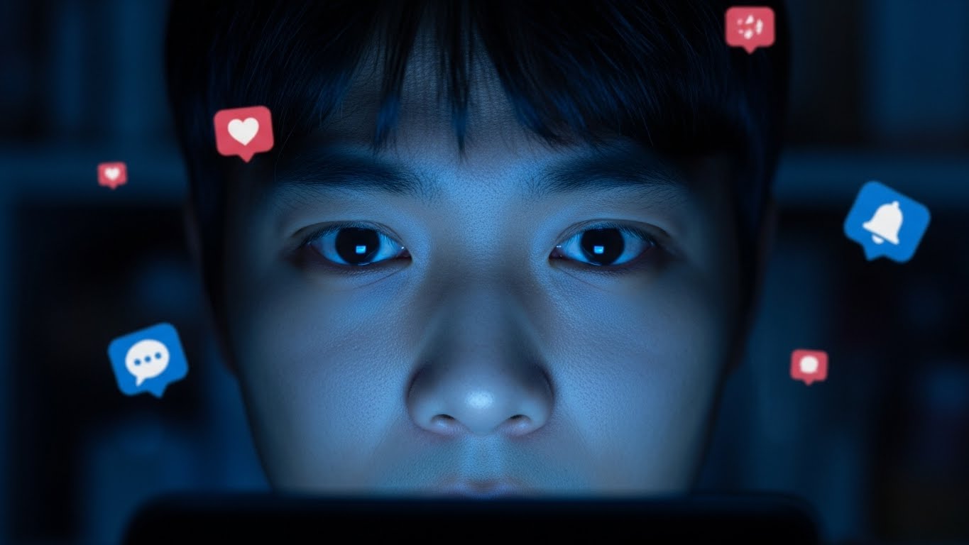 밤늦게까지 스마트폰을 보며 타인의 일상과 비교하고 불안을 느끼는 한국인의 모습