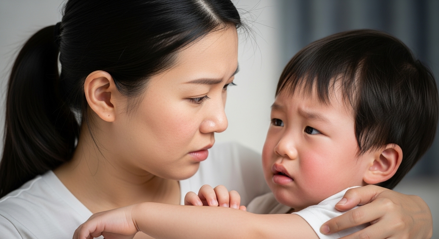 가려움으로 고통받는 아이를 돌보는 부모