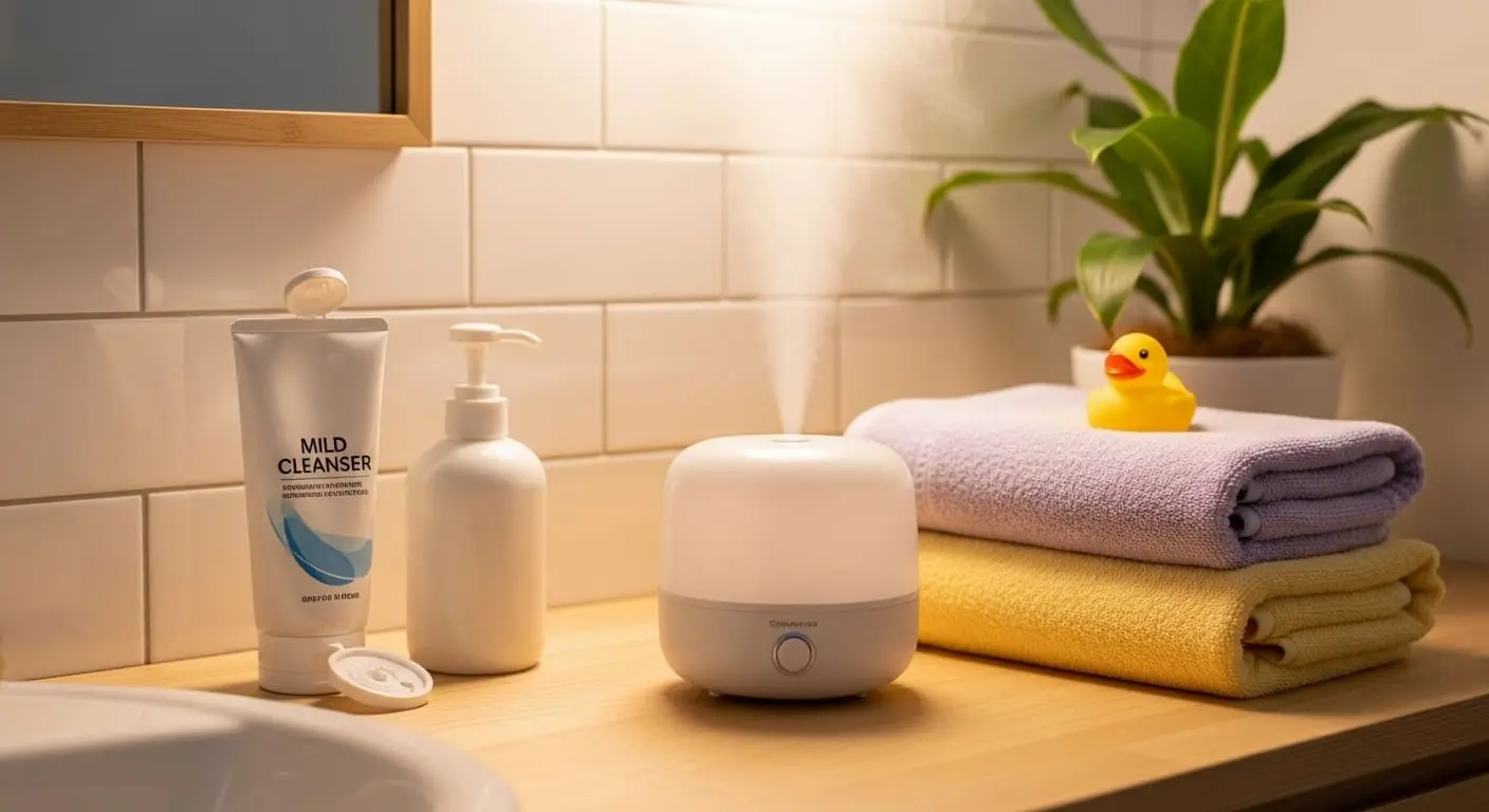 어린선 피부 관리에 필요한 보습제와 순한 클렌저, 가습기가 놓여있는 깨끗하고 아늑한 욕실. 일상적인 피부 관리 환경을 보여줍니다.