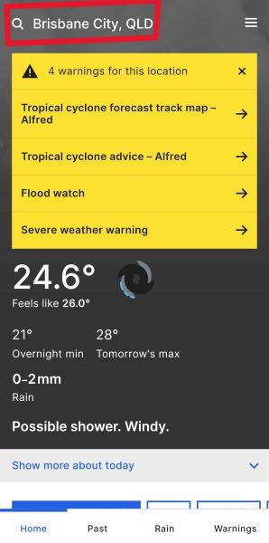 BOM Weather 앱 기본 사용법- 지역을 지정 후 4개의 경고 알림이 있는 것을 볼 수 있다.