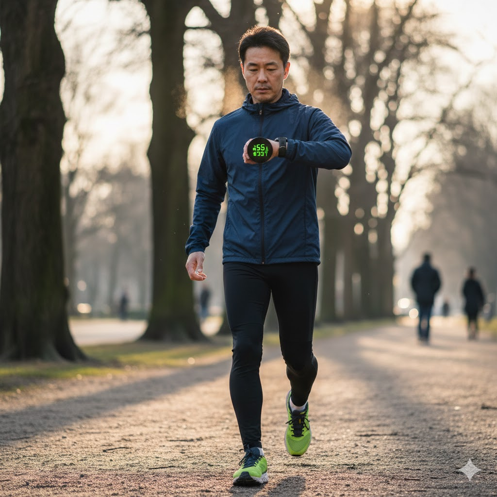 스마트 워치로 심박수를 체크하며 리드미컬하게 걷는 모습