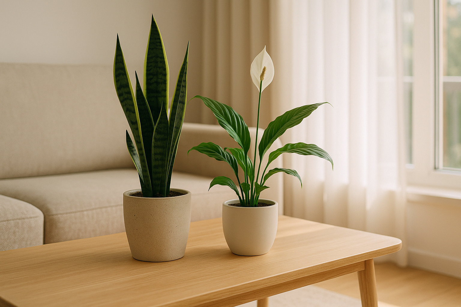 거실 테이블 위에 공기정화 식물이 놓여 있는 밝은 실내 인테리어