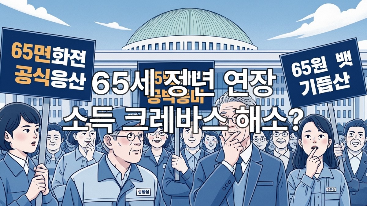 국회 앞에서 65세 법정 정년 연장을 촉구하는 다양한 연령대의 사람들, 고령화 사회의 노동 정책 변화에 대한 논의를 상징하는 모습