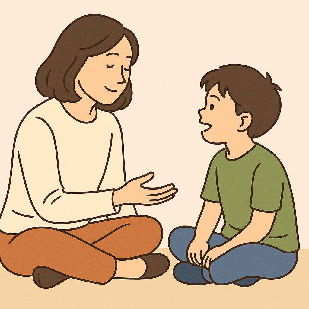 어린이와 소통을 하고 있는 어른/ 보육교사