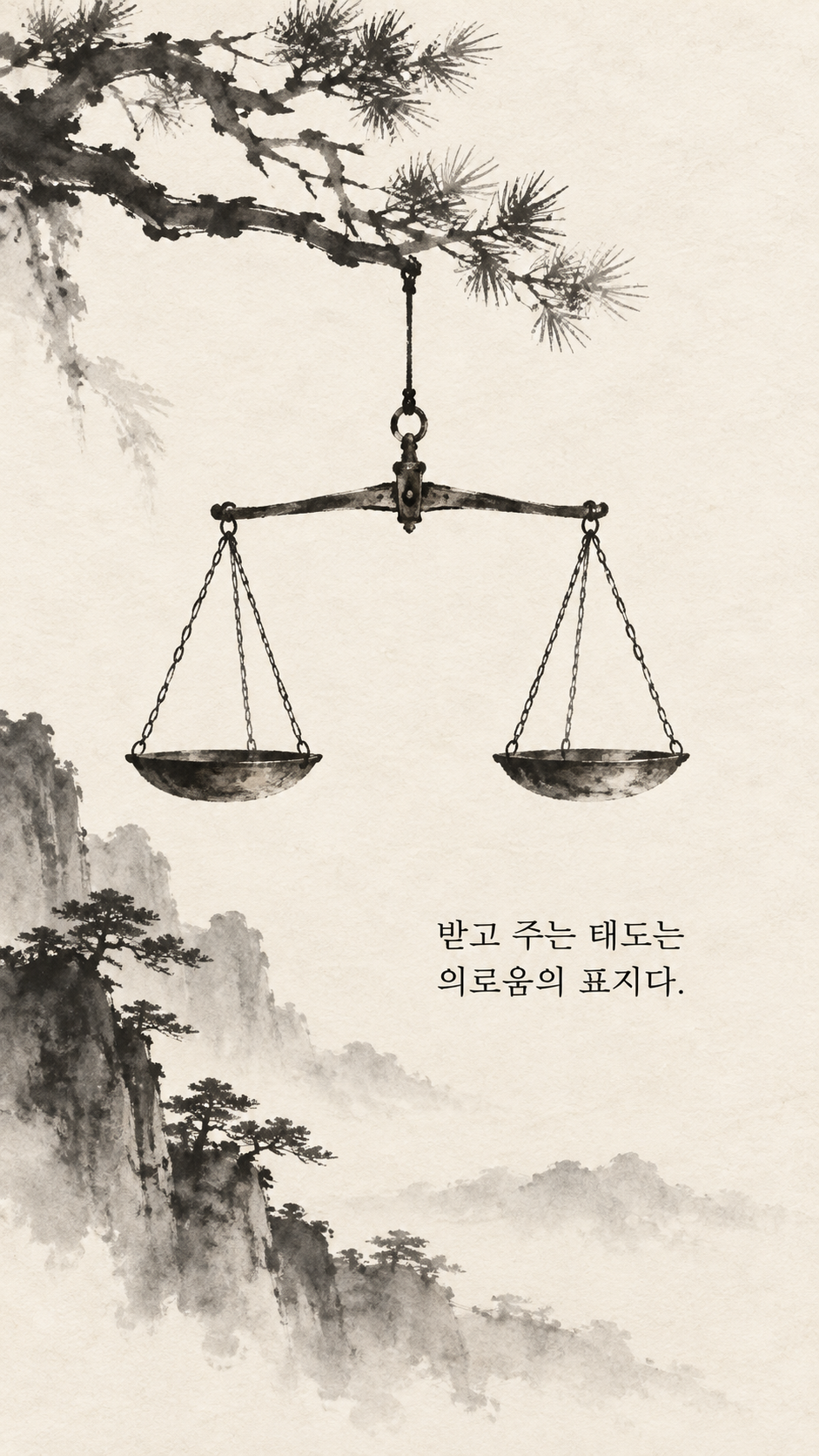 사마천 명언 3 받고 주는 태도는 의로움의 표지다. 서로 다른 길이로 늘어진 저울 수묵화 이미지