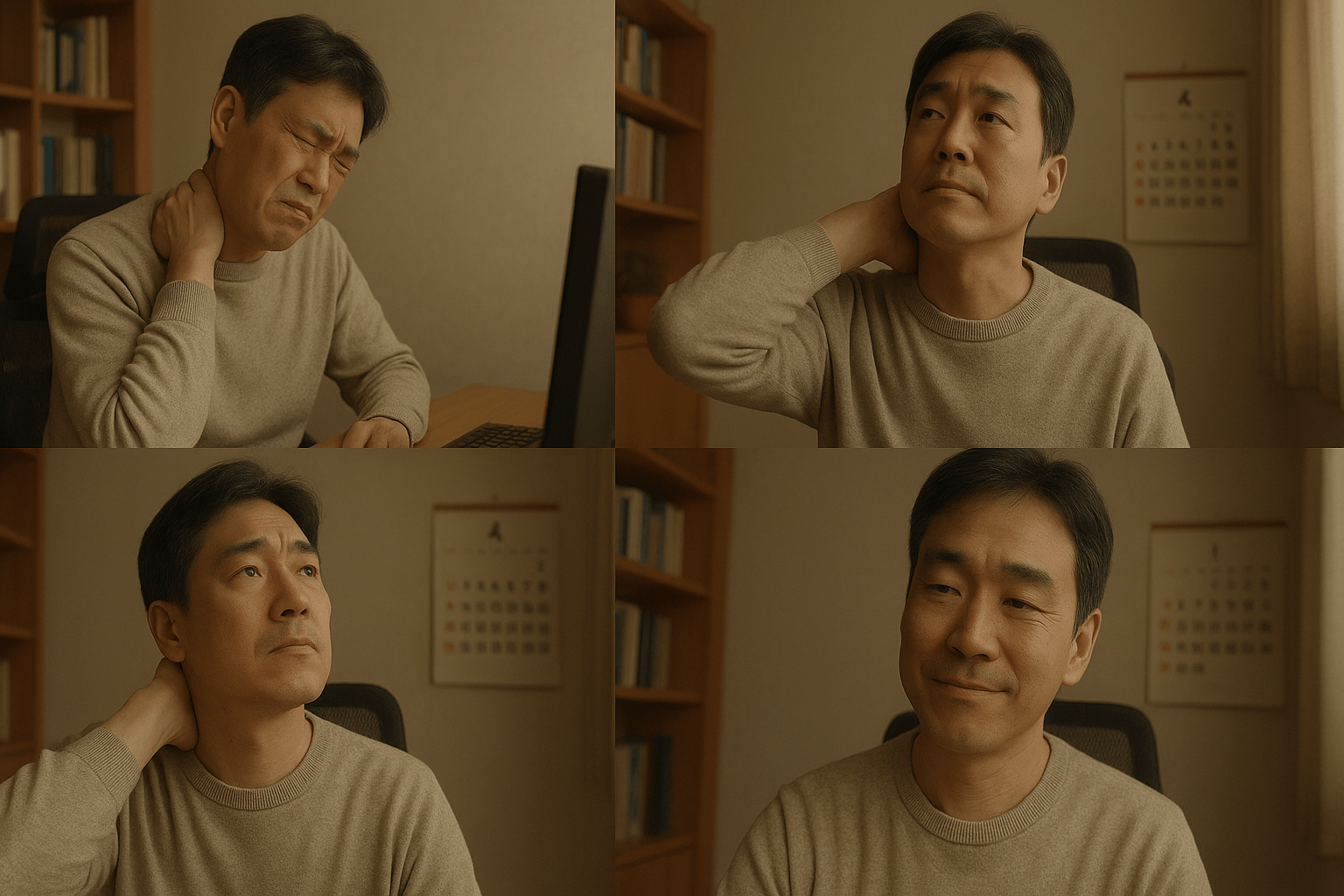 목 통증으로 불편해하다가 자세를 바꾸고 표정이 편안해지는 40대 한국 남성의 변화(4컷 콜라주)