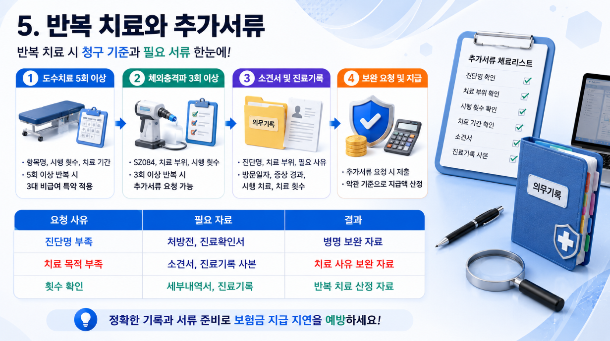 반복 물리치료 청구에서 추가서류 요청 사유와 소견서&middot;진료기록 자료 기준을 정리한 3D SFM 인포그래픽