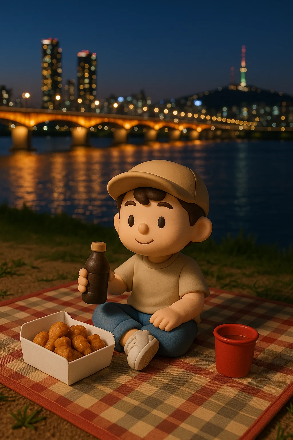 한강 피크닉 피규어,돗자리에 앉아 치킨과 음료를 즐기는 캐주얼 피규어, 서울 한강의 야경을 배경으로 한 아기자기한 모습