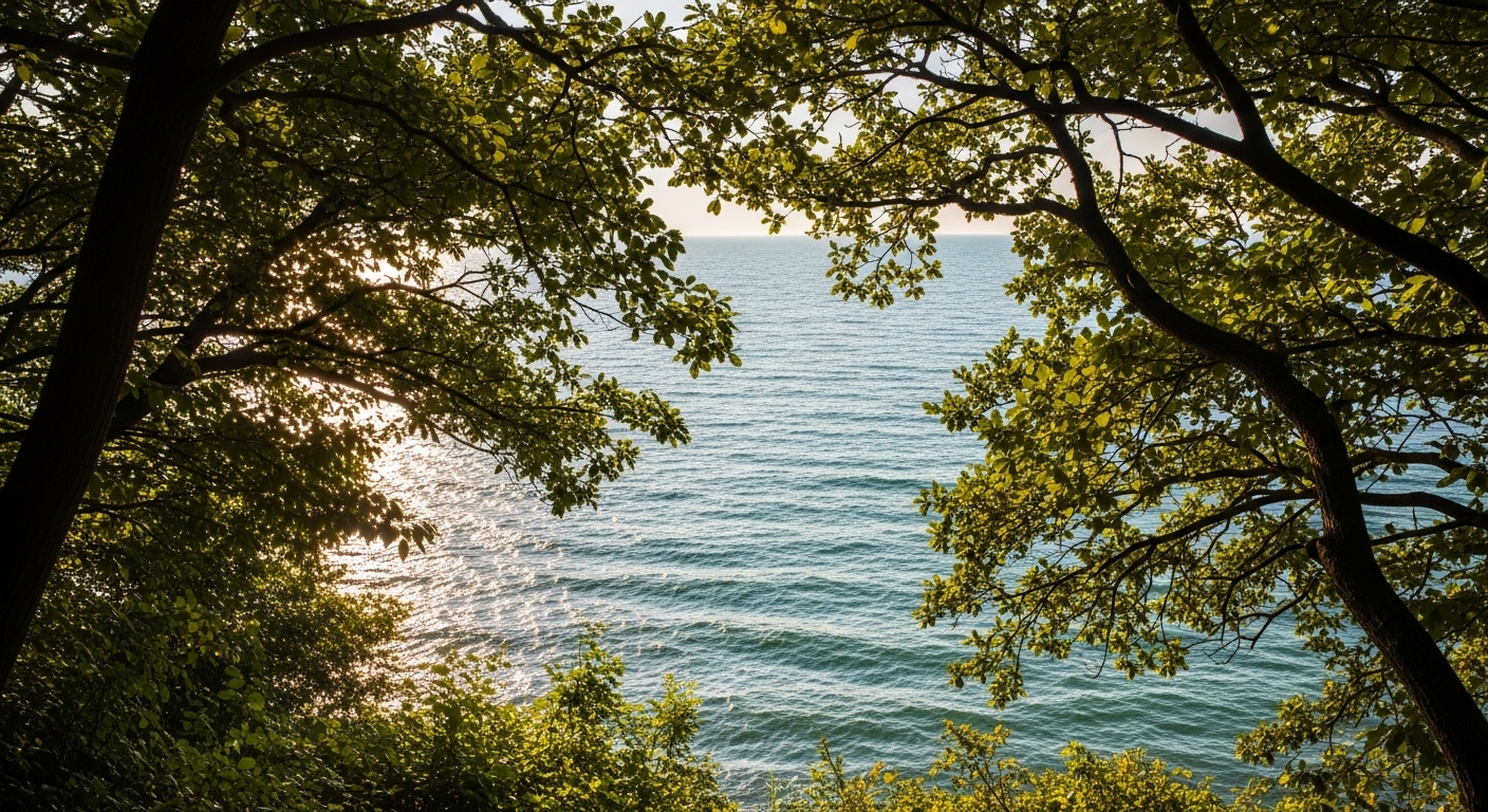 The calm West Sea seen through the trees of Cheollipo Arboretum.