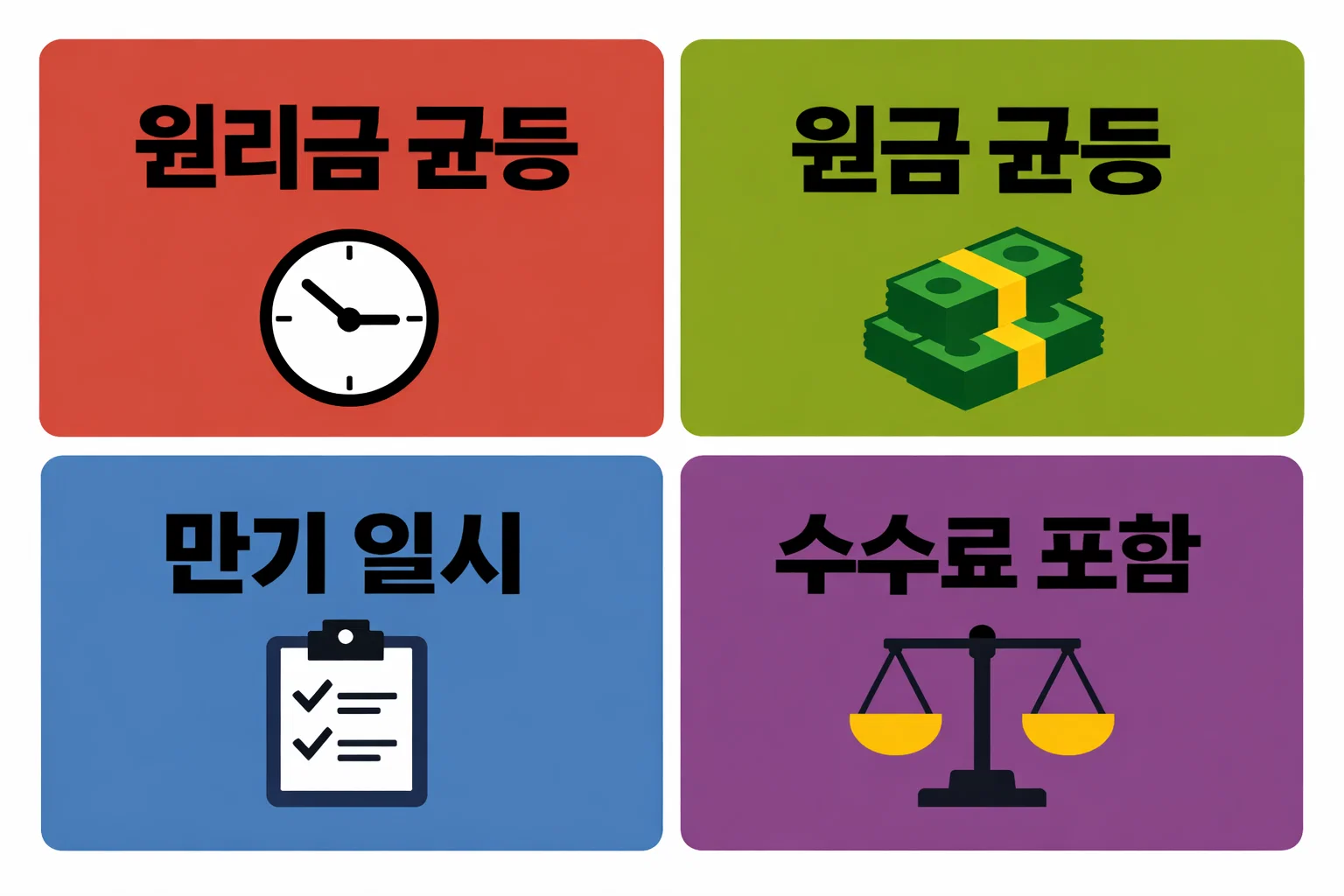 주택담보대출 이자계산기에서 원리금 균등과 원금 균등, 만기 일시 상환 방식과 수수료 포함 총비용을 분석한 이미지