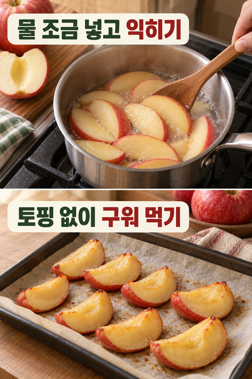 물 조금으로 익힌 사과와 토핑 없이 구운 촉촉한 사과 조각.