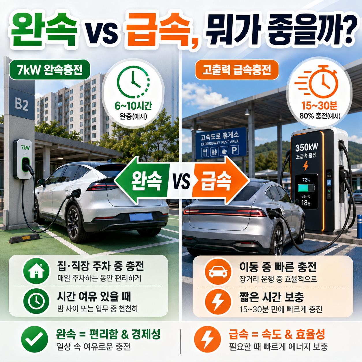전기차 완속충전과 급속충전의 속도와 이용 장소 차이를 비교한 모습