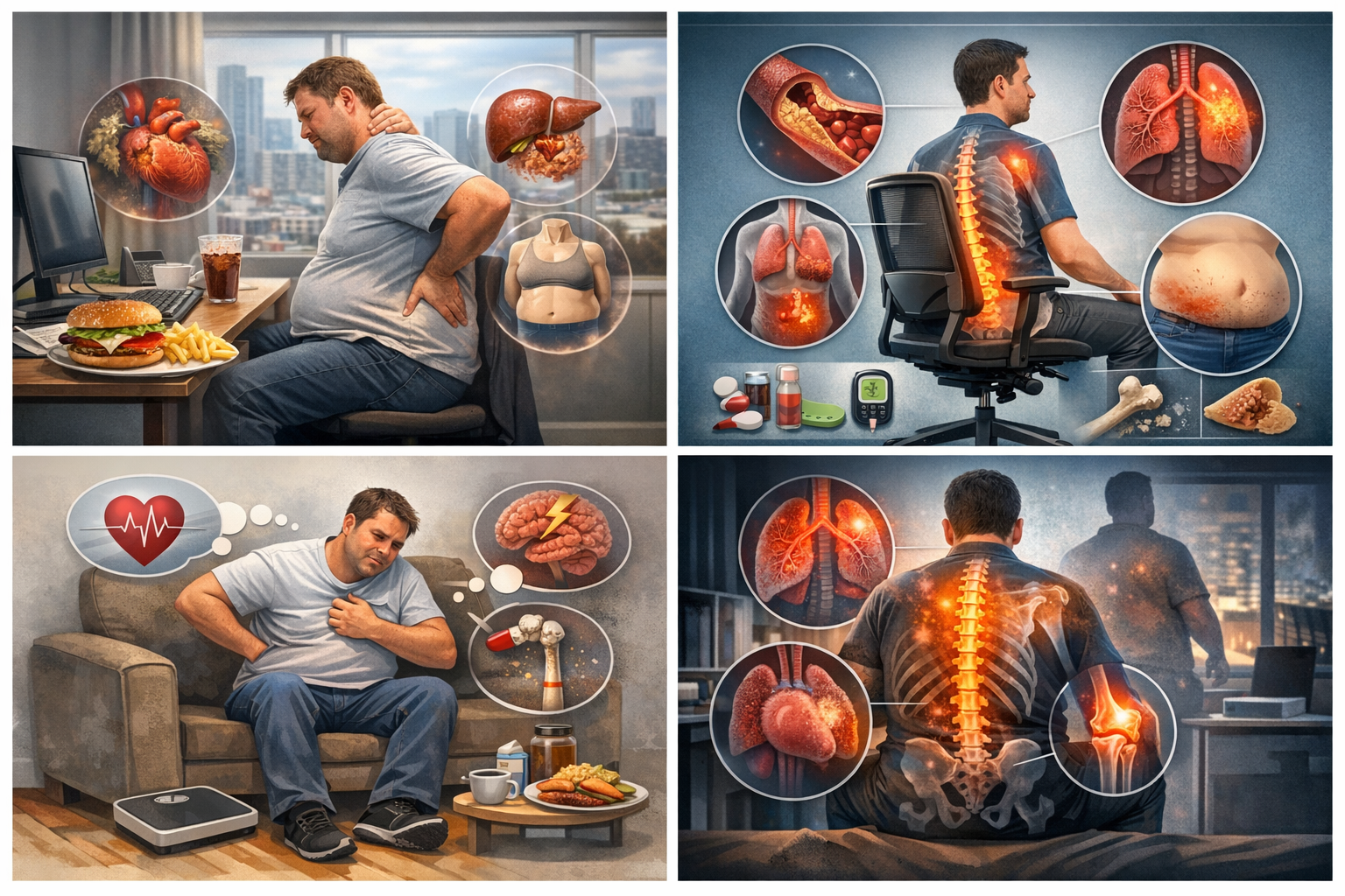 장시간 앉아 있는 생활 모습으로 운동 부족 건강 영향 이미지