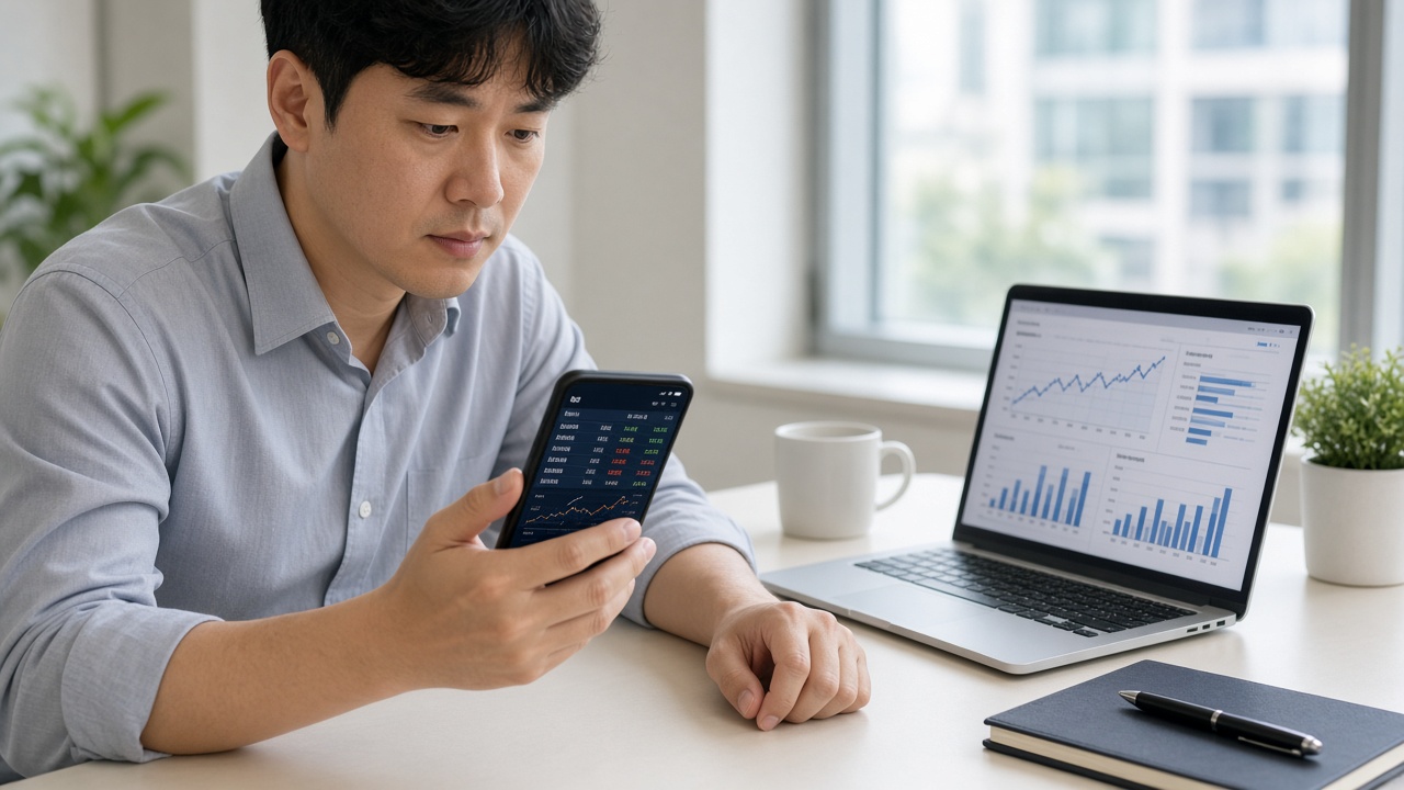 증권 앱으로 신규 상장 ETF 비교표를 살펴보는 30대 한국인 남성 직장인