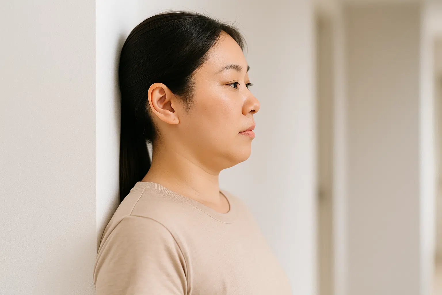 벽에 등을 붙이고 턱을 당기는 한국인 여성, 뒷목이 벽에 닿는 모습