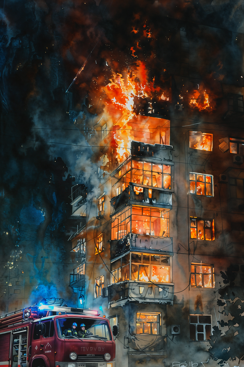 대형 화재로 건물 전체가 불타고 소방차가 출동한 모습. 국가정보자원관리원 화재로 인한 신분증 발급 중단 사태를 상징적으로 표현.