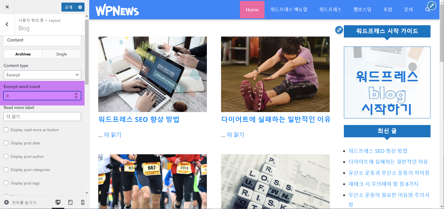 워드프레스 GeneratePress 테마: 요약글 제거하기