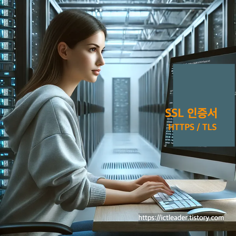 SSL 인증서를 설정 중인 여성 개발자와 서버실 배경