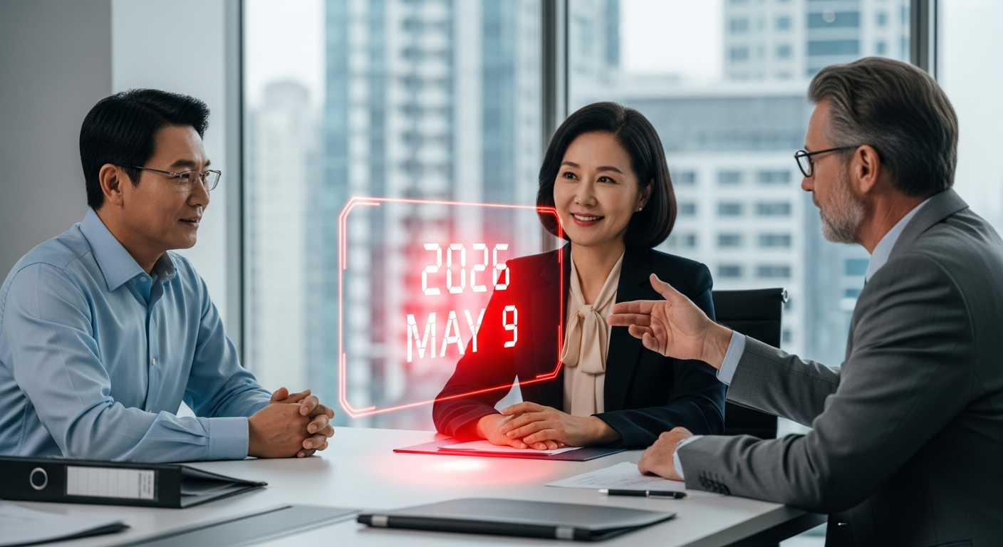 검은 머리의 젊어 보이는 중년 한국인 부부가 테이블에 앉아 세무 상담사와 논의하고 있다. 테이블 위 3D 홀로그램이 '2026년 5월 9일'이라는 날짜를 붉은색으로 강조하며 세금 데드라인을 상징하고 있다.