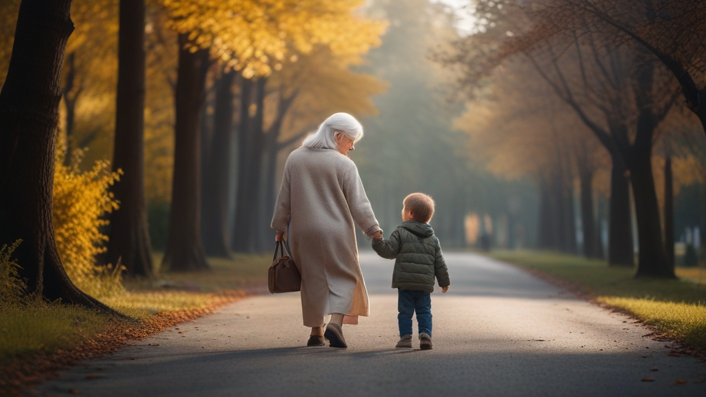 할머니가 아이와 손을 잡고 걸어가고 있다